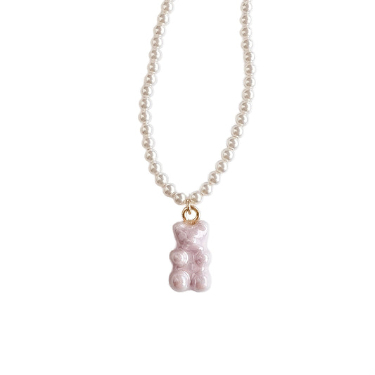 Sweet Pink Porcelain Gummy Bear Swarovski Pearl Necklace