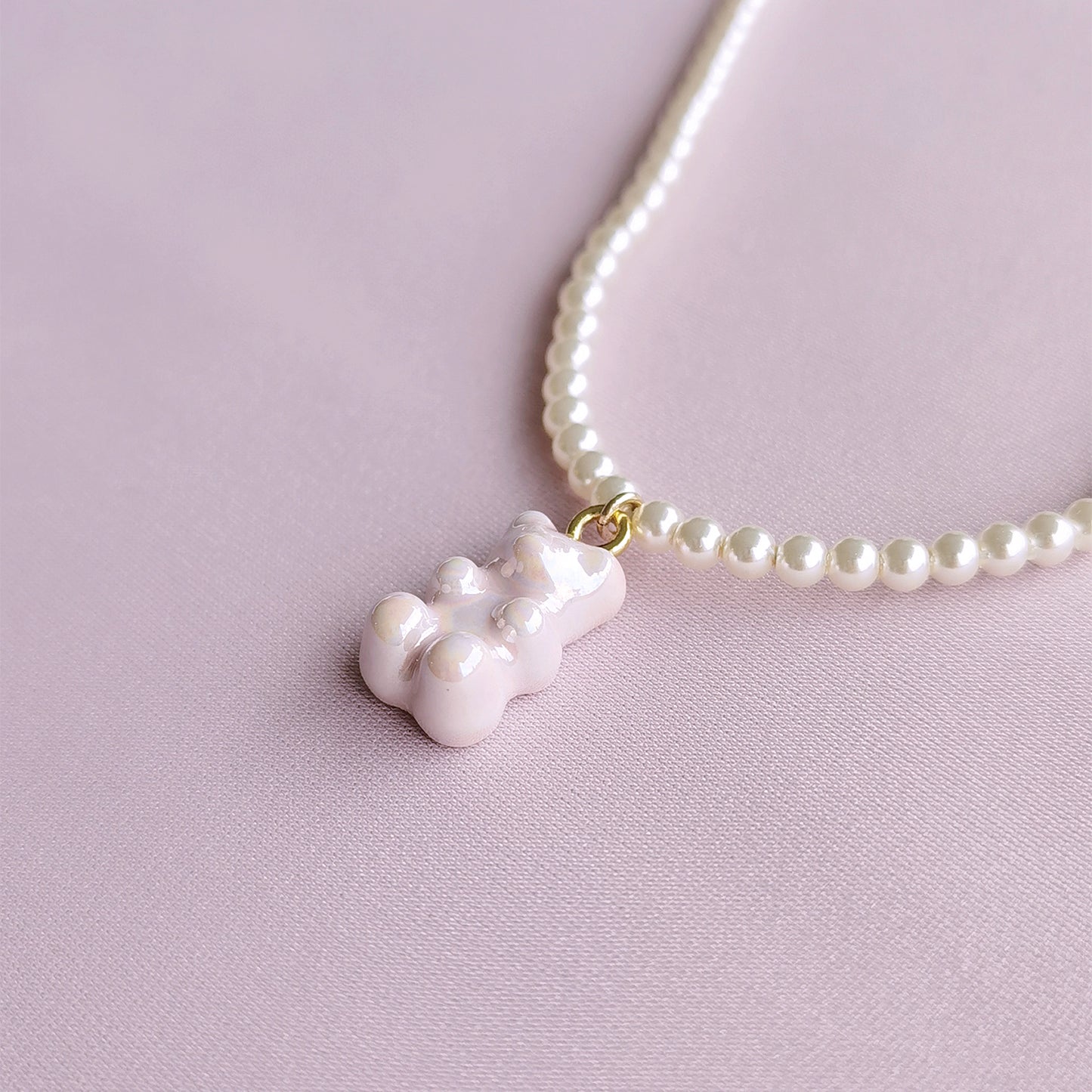 Sweet Pink Porcelain Gummy Bear Swarovski Pearl Necklace