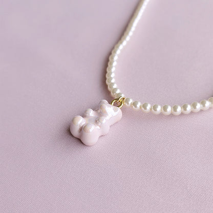 Sweet Pink Porcelain Gummy Bear Swarovski Pearl Necklace