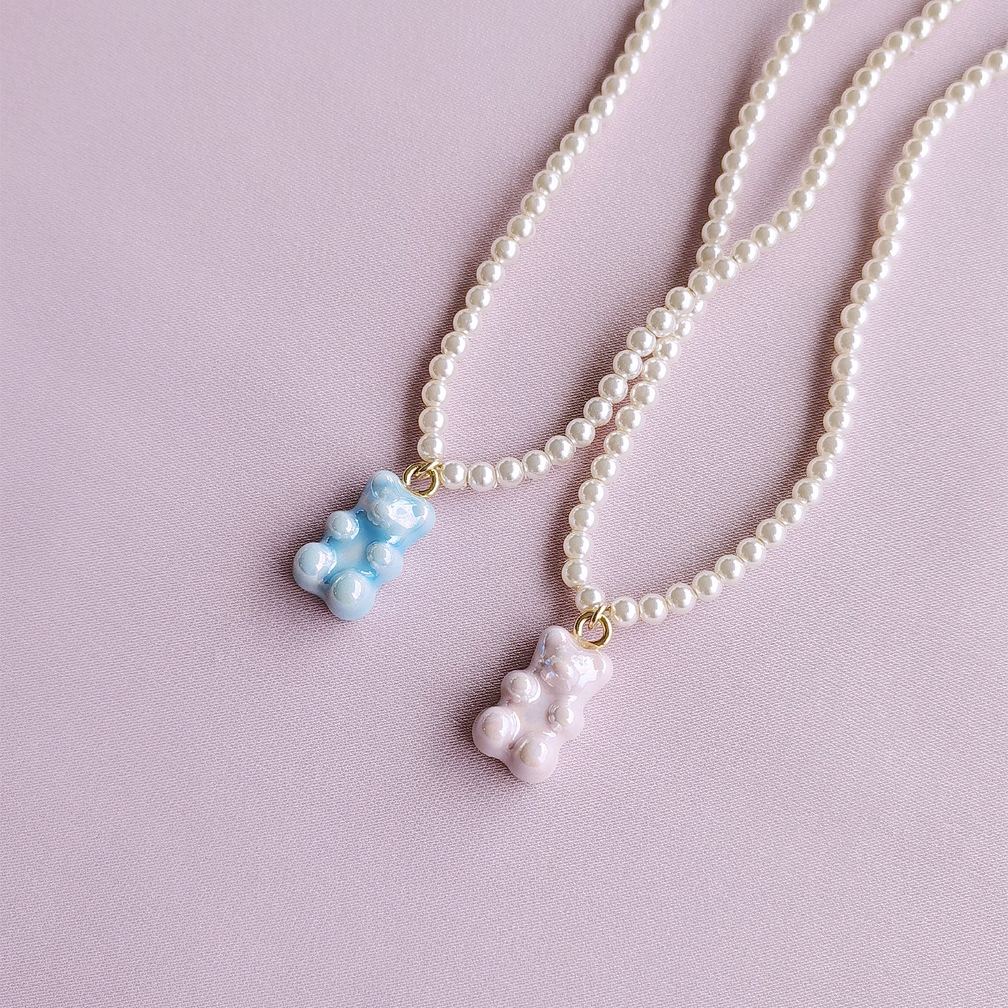 Sweet Pink Porcelain Gummy Bear Swarovski Pearl Necklace