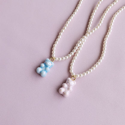 Sweet Pink Porcelain Gummy Bear Swarovski Pearl Necklace