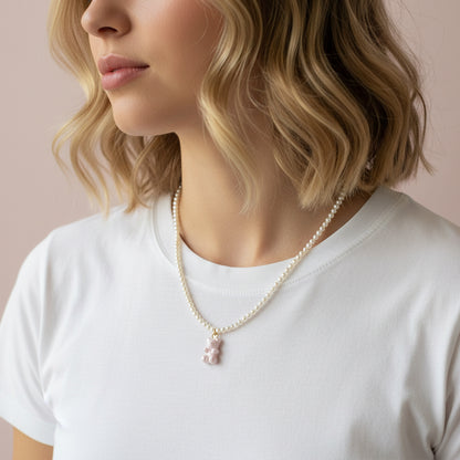 Sweet Pink Porcelain Gummy Bear Swarovski Pearl Necklace