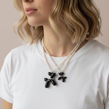 Black Porcelain Balloon Doggie Pearl Necklace