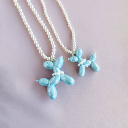 Baby Blue Porcelain Balloon Doggie Pearl Necklace
