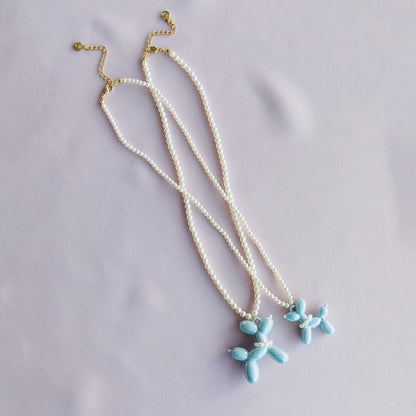 Baby Blue Porcelain Balloon Doggie Pearl Necklace