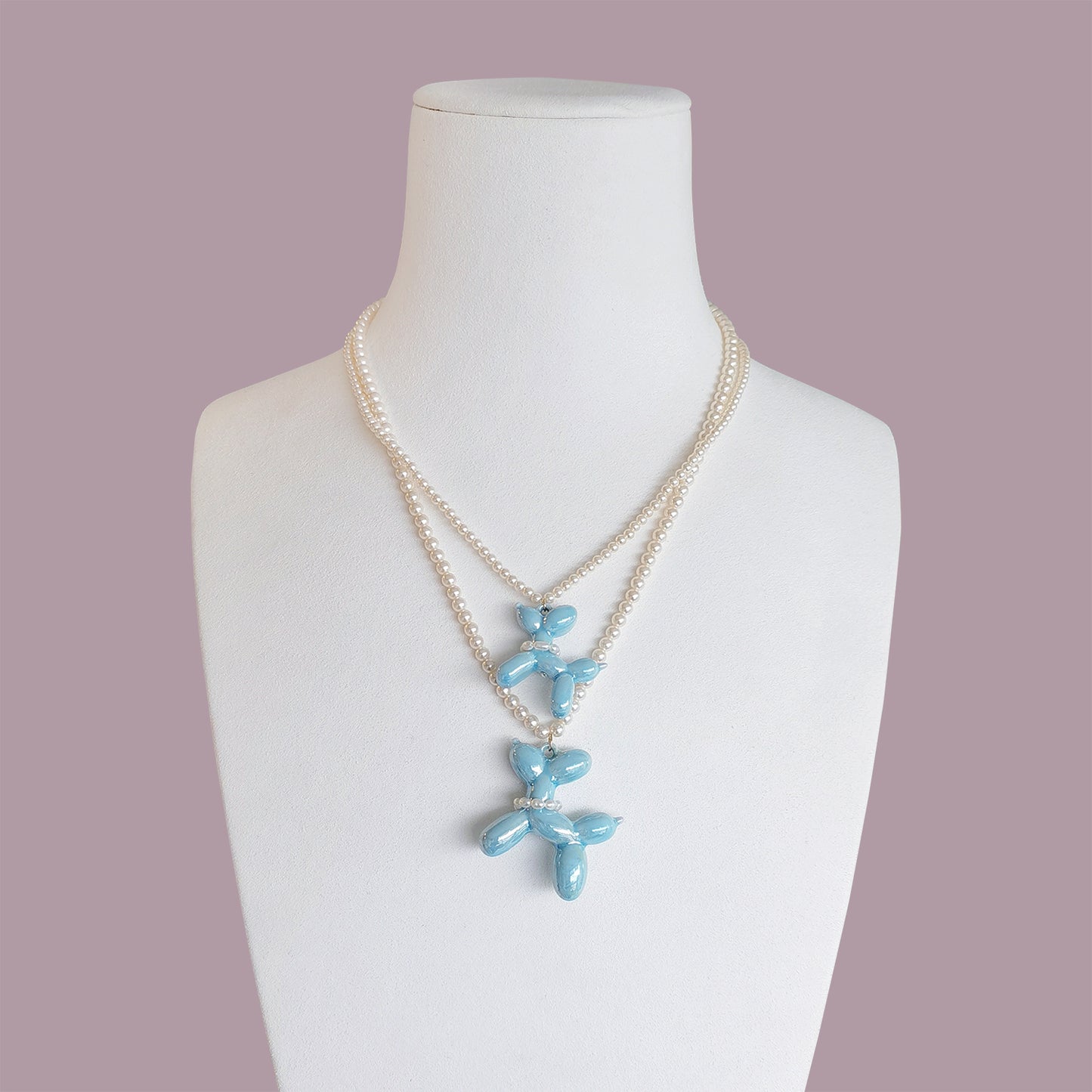 Baby Blue Porcelain Balloon Doggie Pearl Necklace