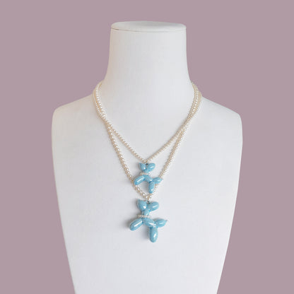 Baby Blue Porcelain Balloon Doggie Pearl Necklace