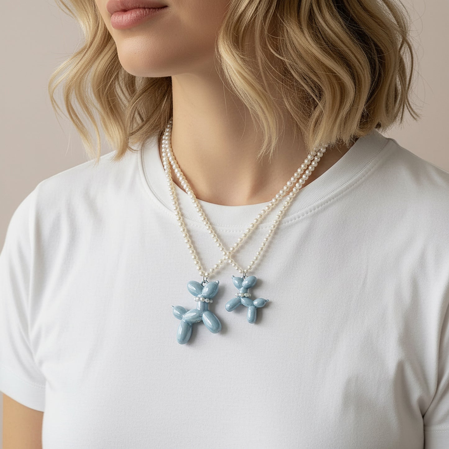 Baby Blue Porcelain Balloon Doggie Pearl Necklace