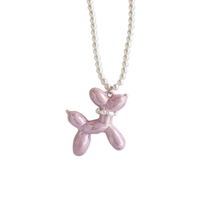 Sweet Pink Porcelain Balloon Doggie Pearl Necklace