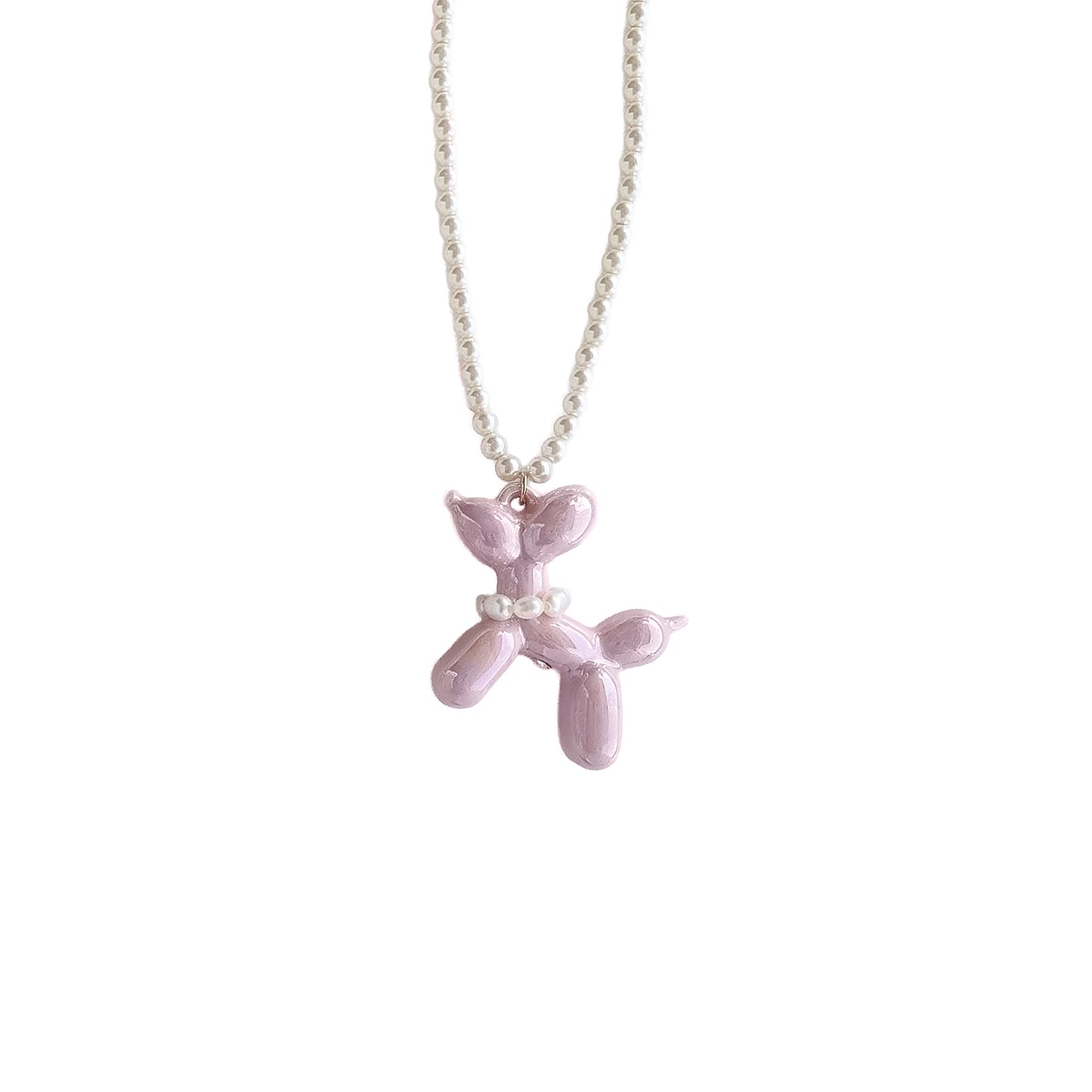 Sweet Pink Porcelain Balloon Doggie Pearl Necklace