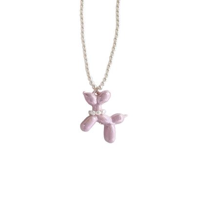Sweet Pink Porcelain Balloon Doggie Pearl Necklace
