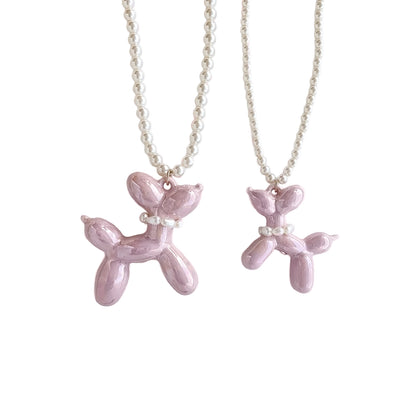 Sweet Pink Porcelain Balloon Doggie Pearl Necklace