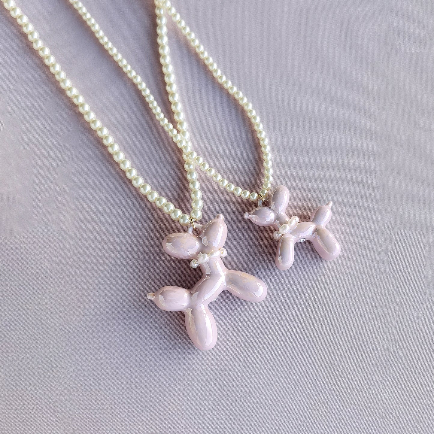 Sweet Pink Porcelain Balloon Doggie Pearl Necklace