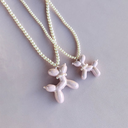 Sweet Pink Porcelain Balloon Doggie Pearl Necklace
