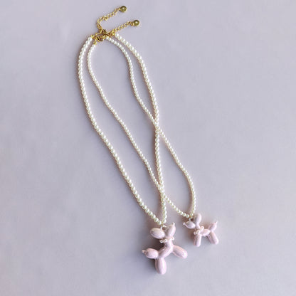 Sweet Pink Porcelain Balloon Doggie Pearl Necklace
