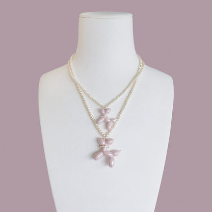 Sweet Pink Porcelain Balloon Doggie Pearl Necklace