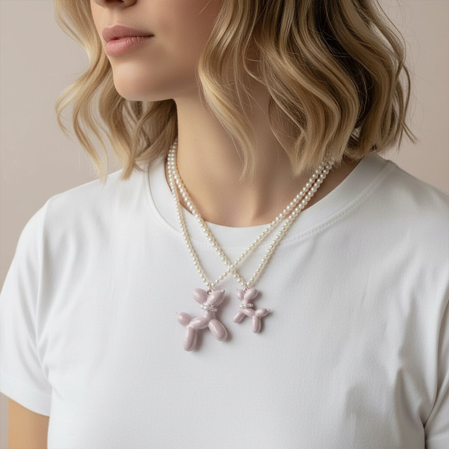 Sweet Pink Porcelain Balloon Doggie Pearl Necklace