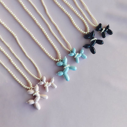 Sweet Pink Porcelain Balloon Doggie Pearl Necklace