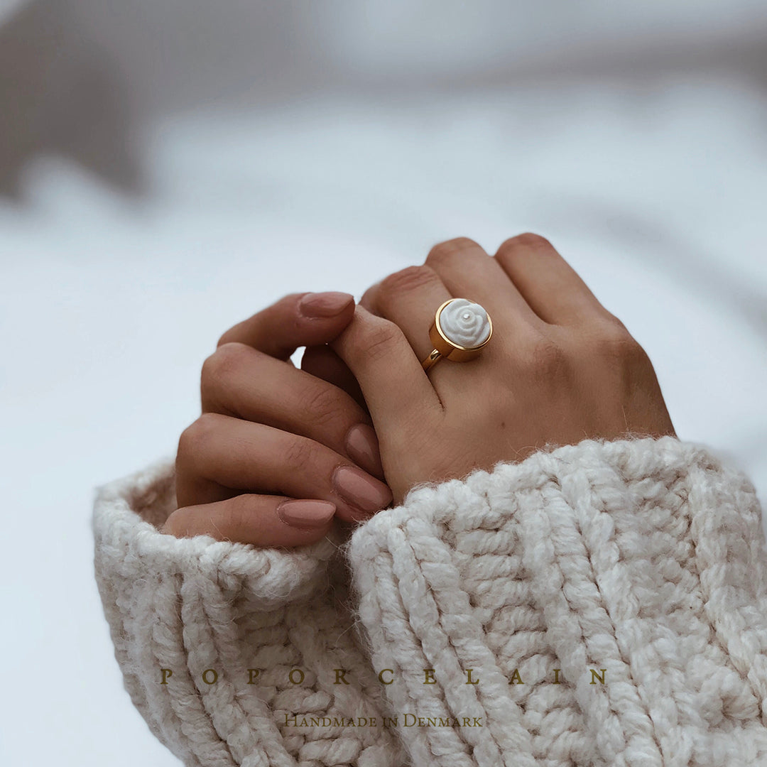 Porcelain Rose With Pearl Adjustable Ring