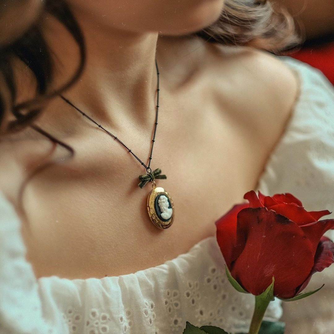 Large Rose Cameo Locket Necklace Green Floral Locket-Lydia's Vintage |