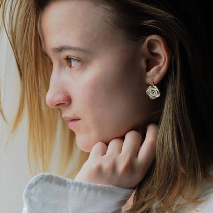 Golden White Cloud Rose Hook Earrings