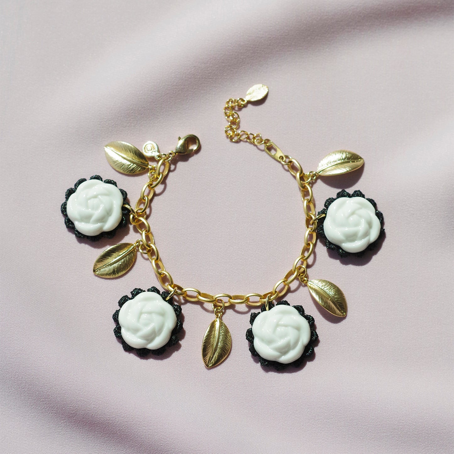 Porcelain Camellias And Golden Leaves Bracelet