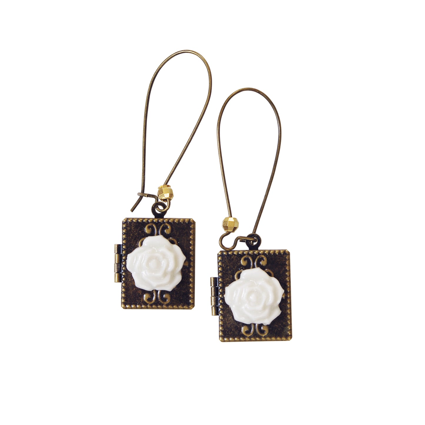 Classic Porcelain Rose On Vintage Book Locket Earrings