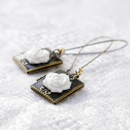 Classic Porcelain Rose On Vintage Book Locket Earrings