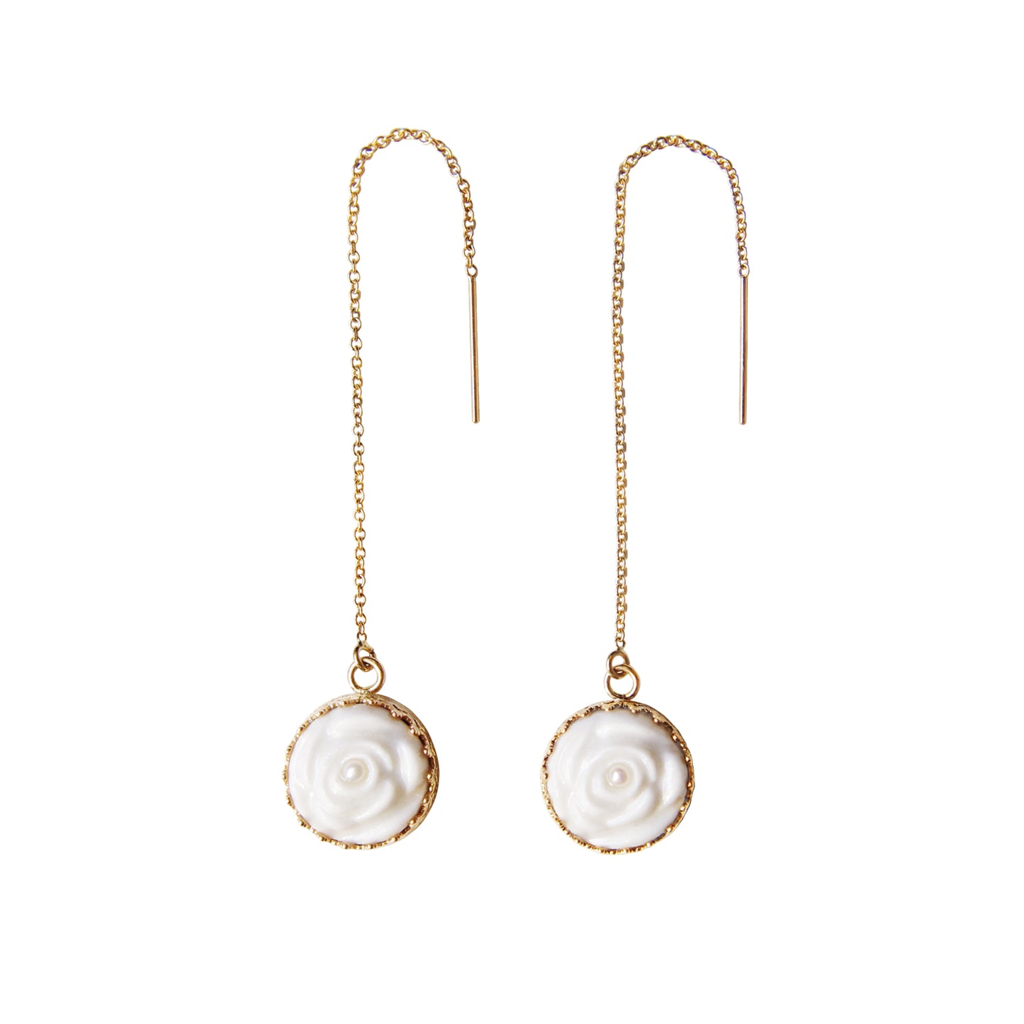 Porcelain Rose With Pearl Gold-Filled Chain Earrings