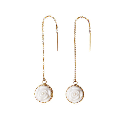 Porcelain Rose With Pearl Gold-Filled Chain Earrings