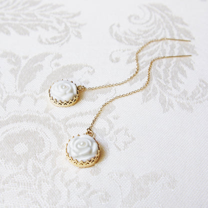 Porcelain Rose With Pearl Gold-Filled Chain Earrings