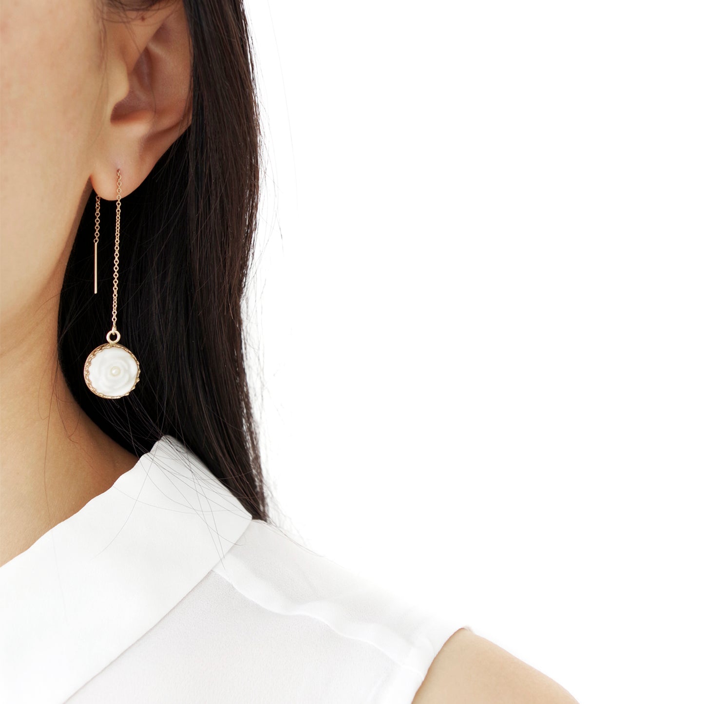 Porcelain Rose With Pearl Gold-Filled Chain Earrings