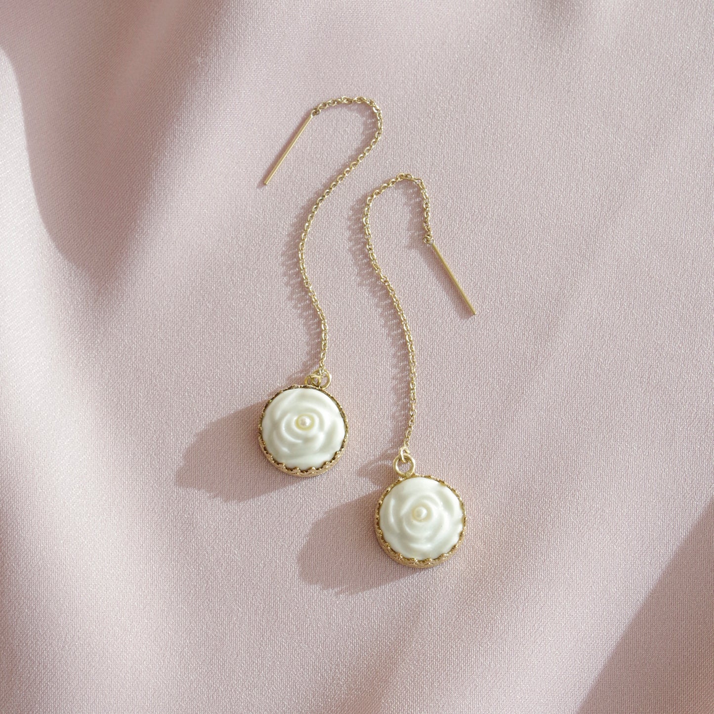 Porcelain Rose With Pearl Gold-Filled Chain Earrings