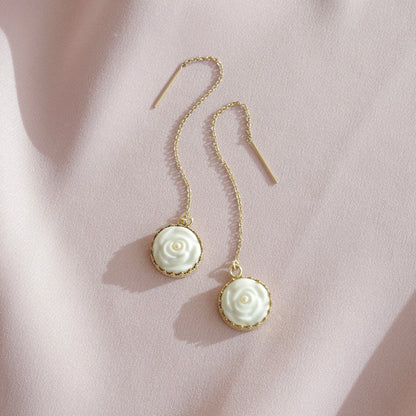 Porcelain Rose With Pearl Gold-Filled Chain Earrings