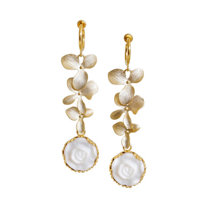 Porcelain Moonlight Rose And Triple Leaves Drop Earrings