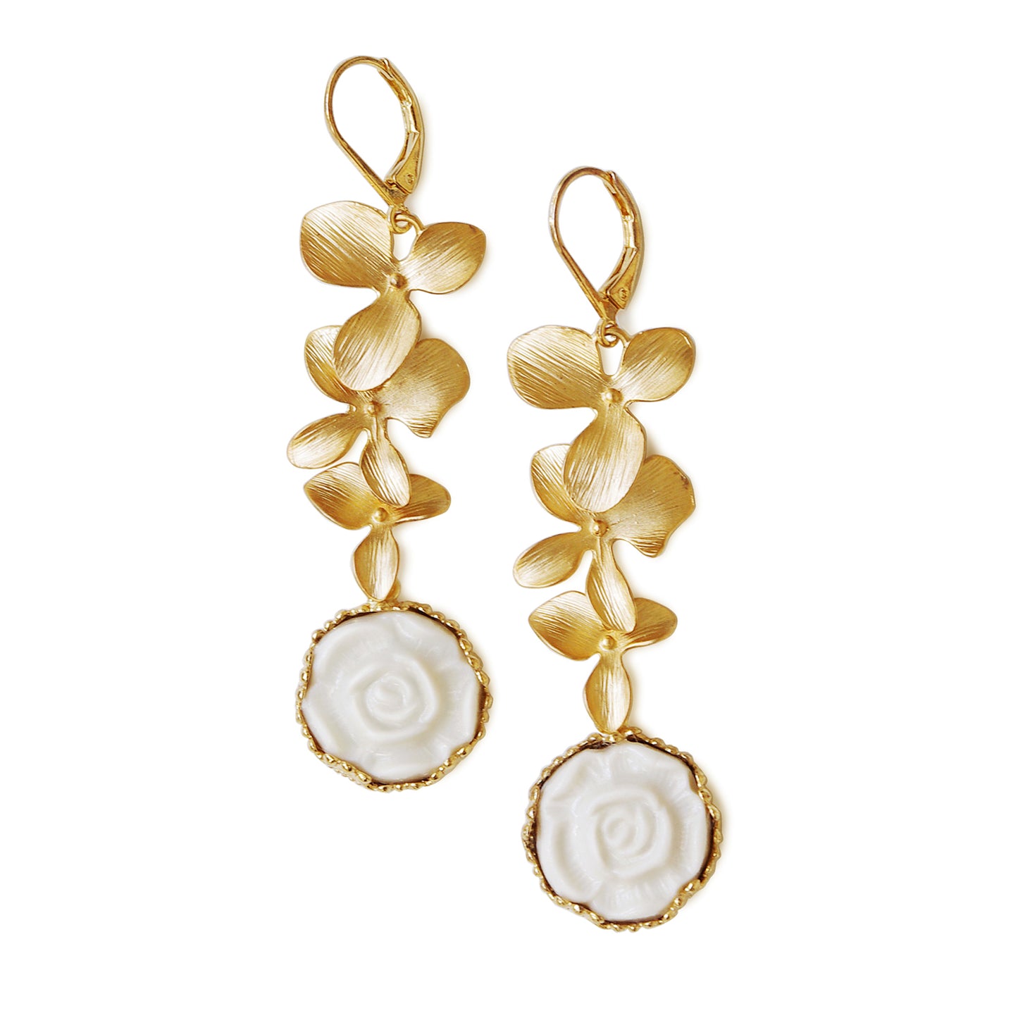 Porcelain Moonlight Rose And Triple Leaves Drop Earrings