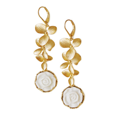 Porcelain Moonlight Rose And Triple Leaves Drop Earrings