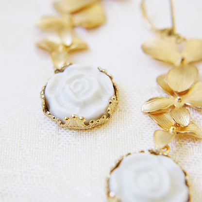 Porcelain Moonlight Rose And Triple Leaves Drop Earrings