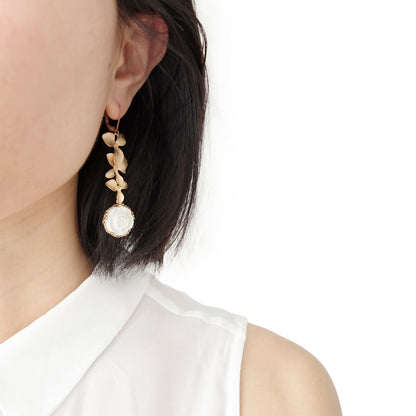 Porcelain Moonlight Rose And Triple Leaves Drop Earrings
