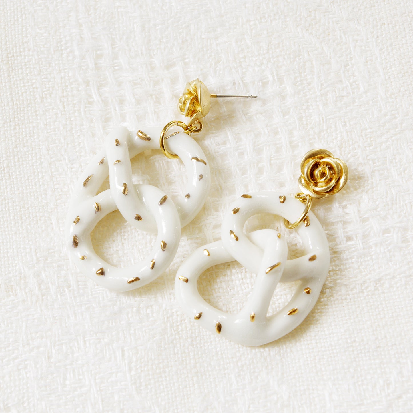 Golden Rose And Salted Porcelain Pretzel Earrings