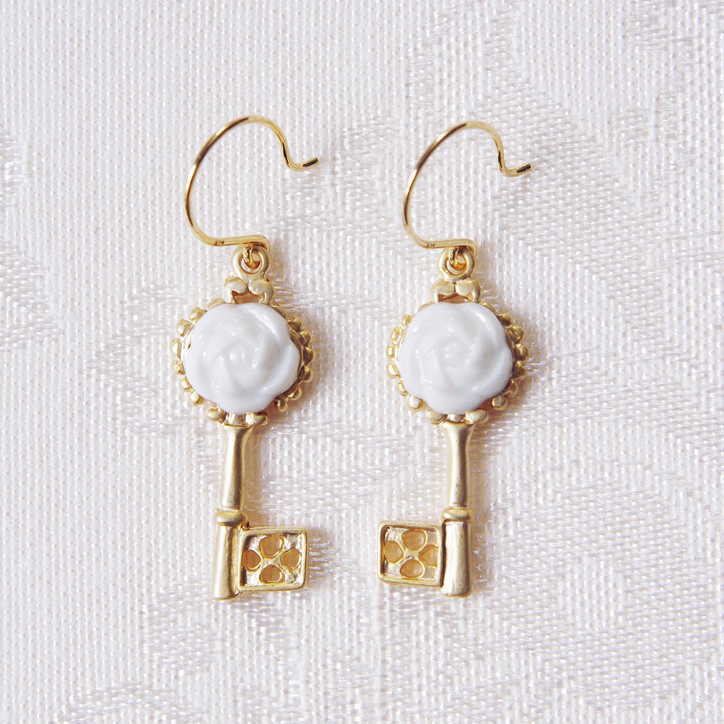 Porcelain Camellia Golden Key Earrings