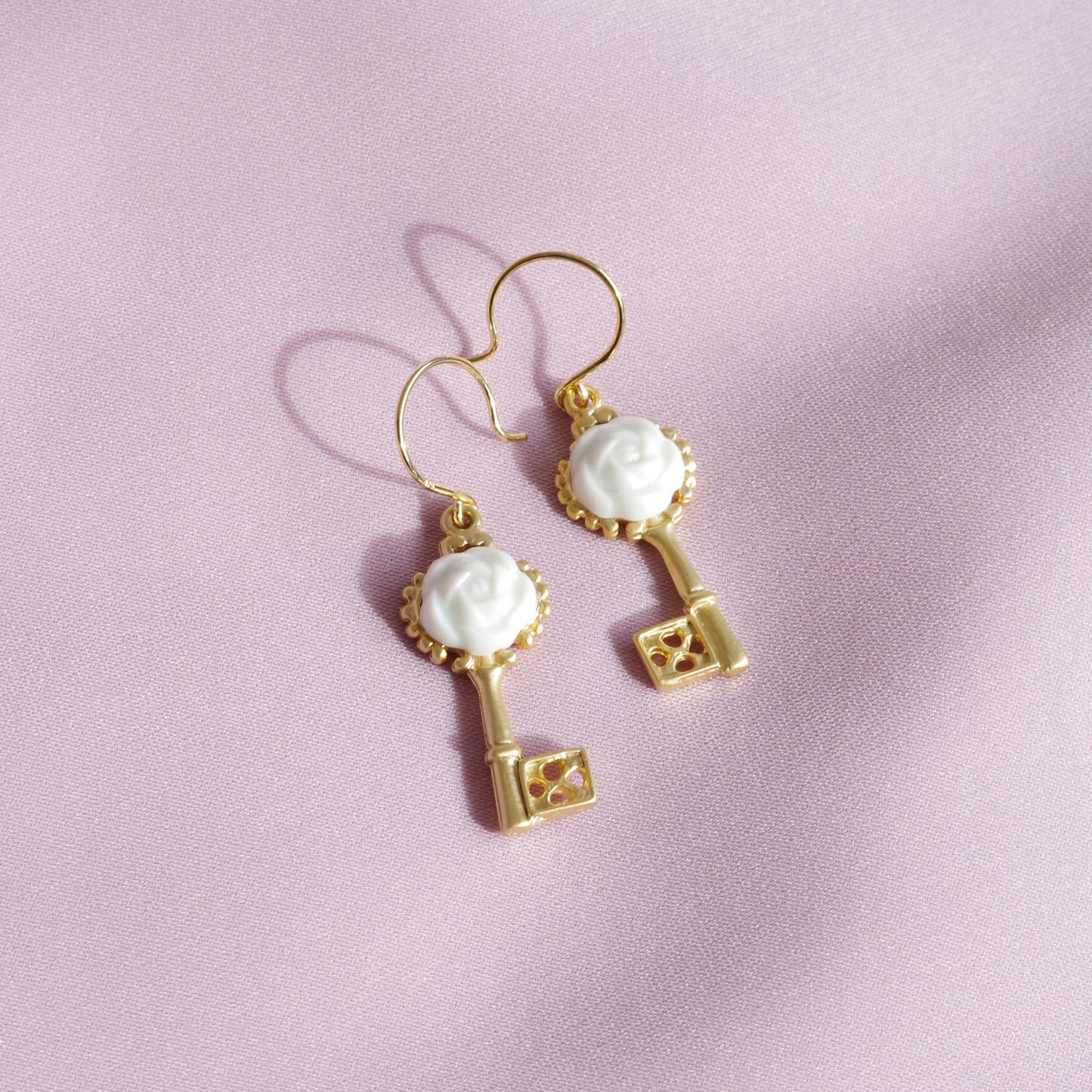 Porcelain Camellia Golden Key Earrings