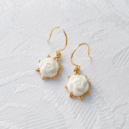 Mini Porcelain Camellia Flower Charm Earrings
