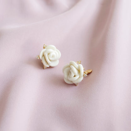 White Cloud Porcelain Rose Stud Earrings