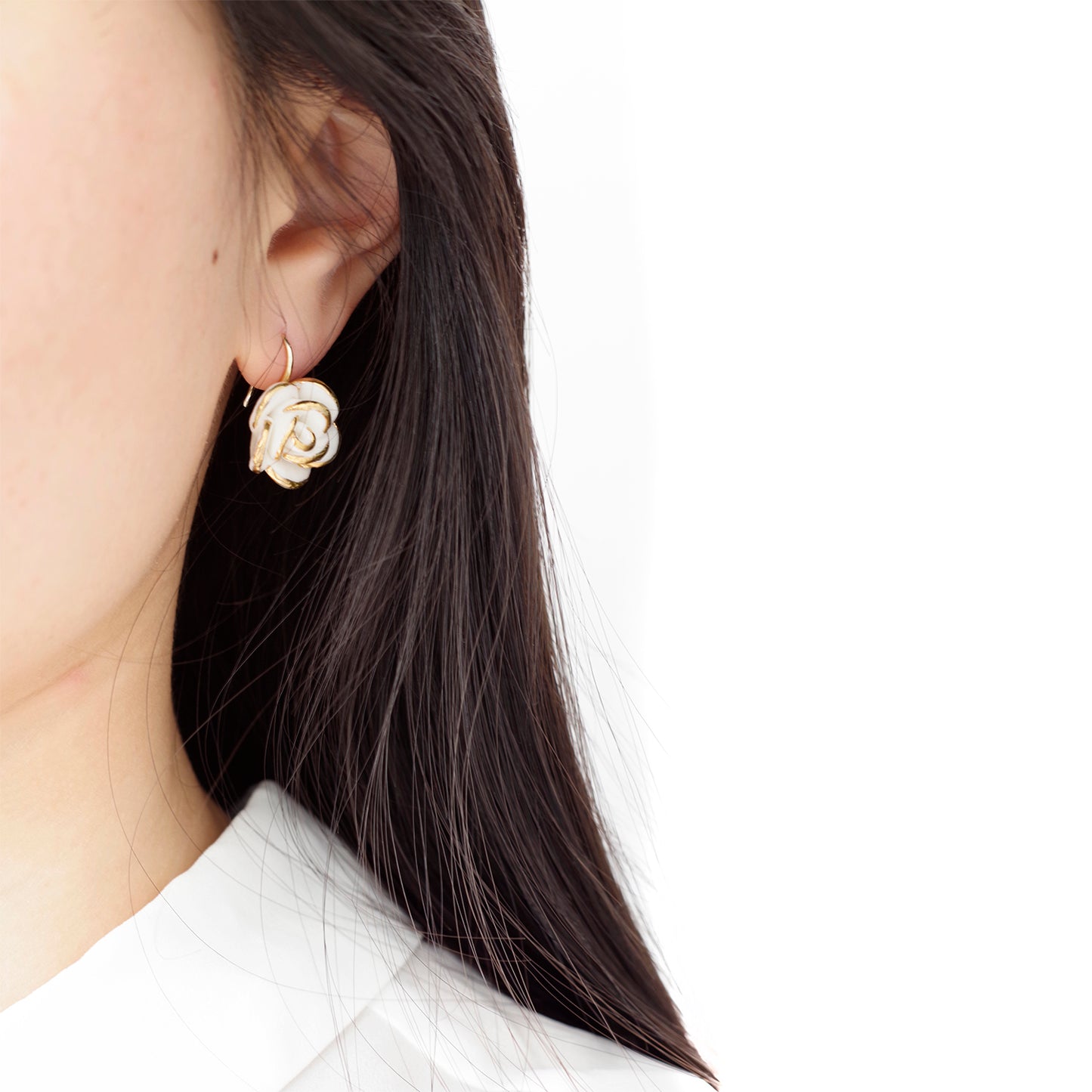 Golden White Cloud Rose Hook Earrings