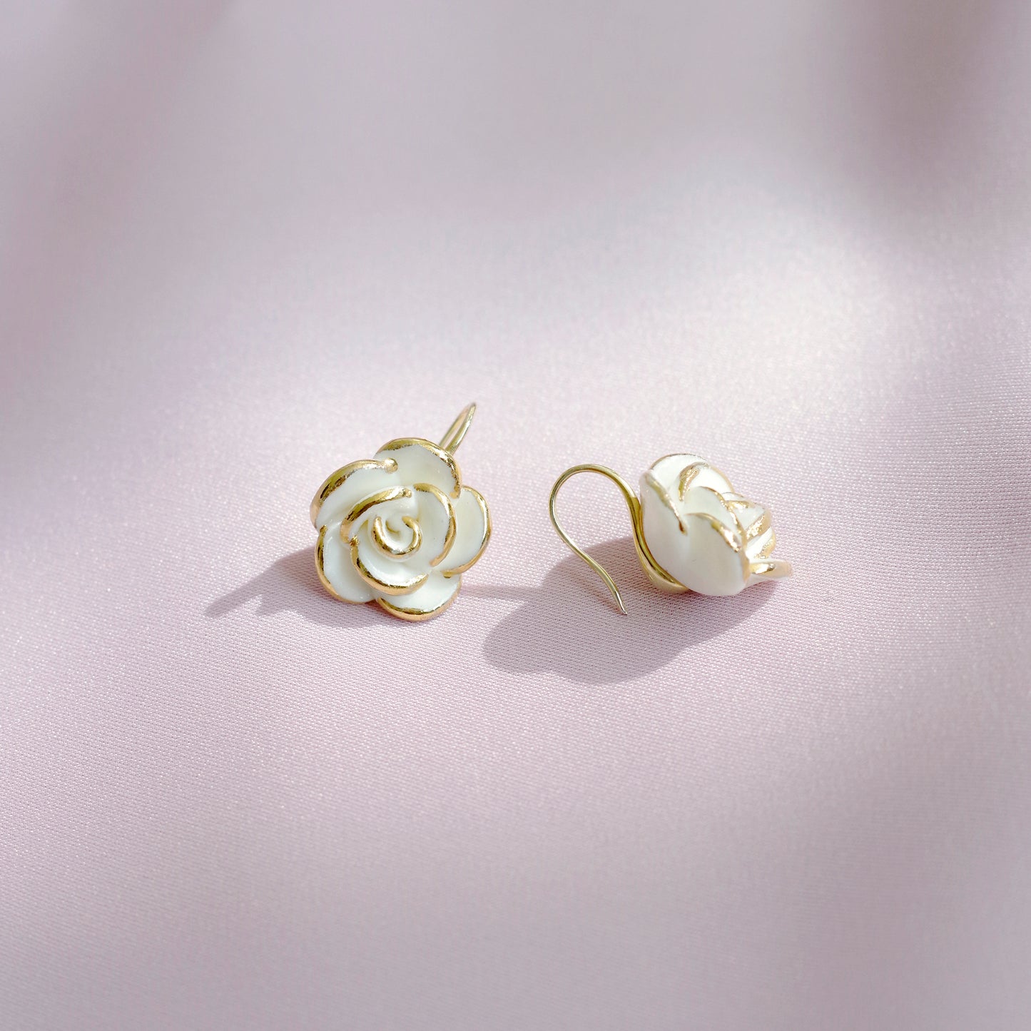 Golden White Cloud Rose Hook Earrings