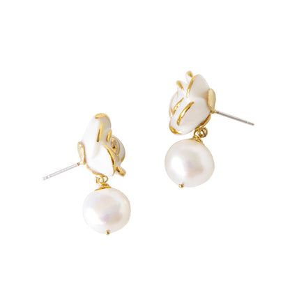 Golden White Cloud Rose Pearl Drop Earrings