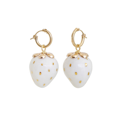 Golden White Porcelain Strawberry Earrings