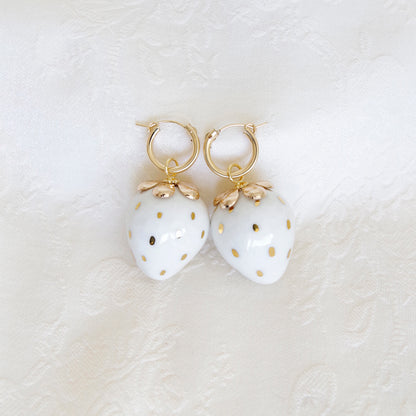 Golden White Porcelain Strawberry Earrings