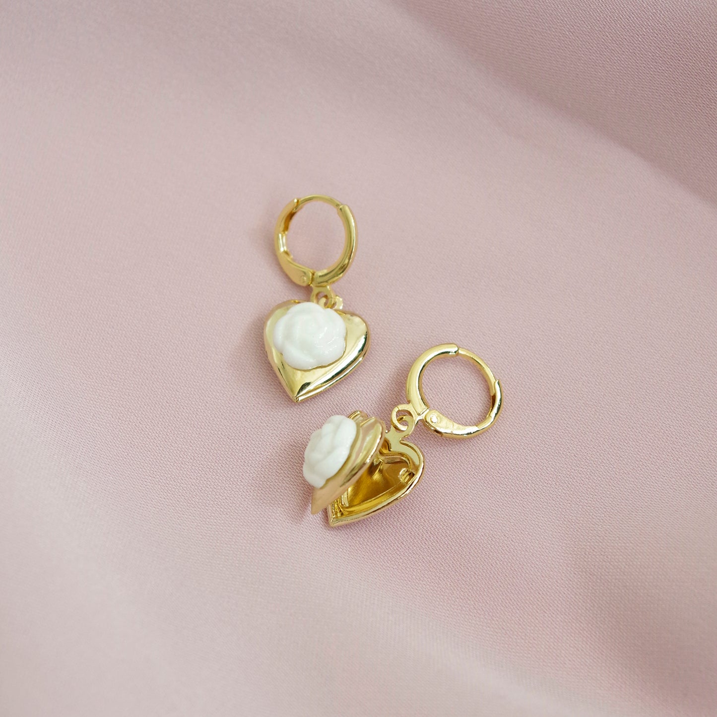 Mini Camellia Heart Locket Earrings